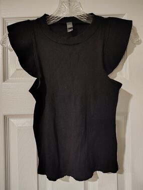 Alya Black Ribbed Flutter Sleeve Tank